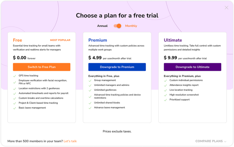 Subscription plan comparison table